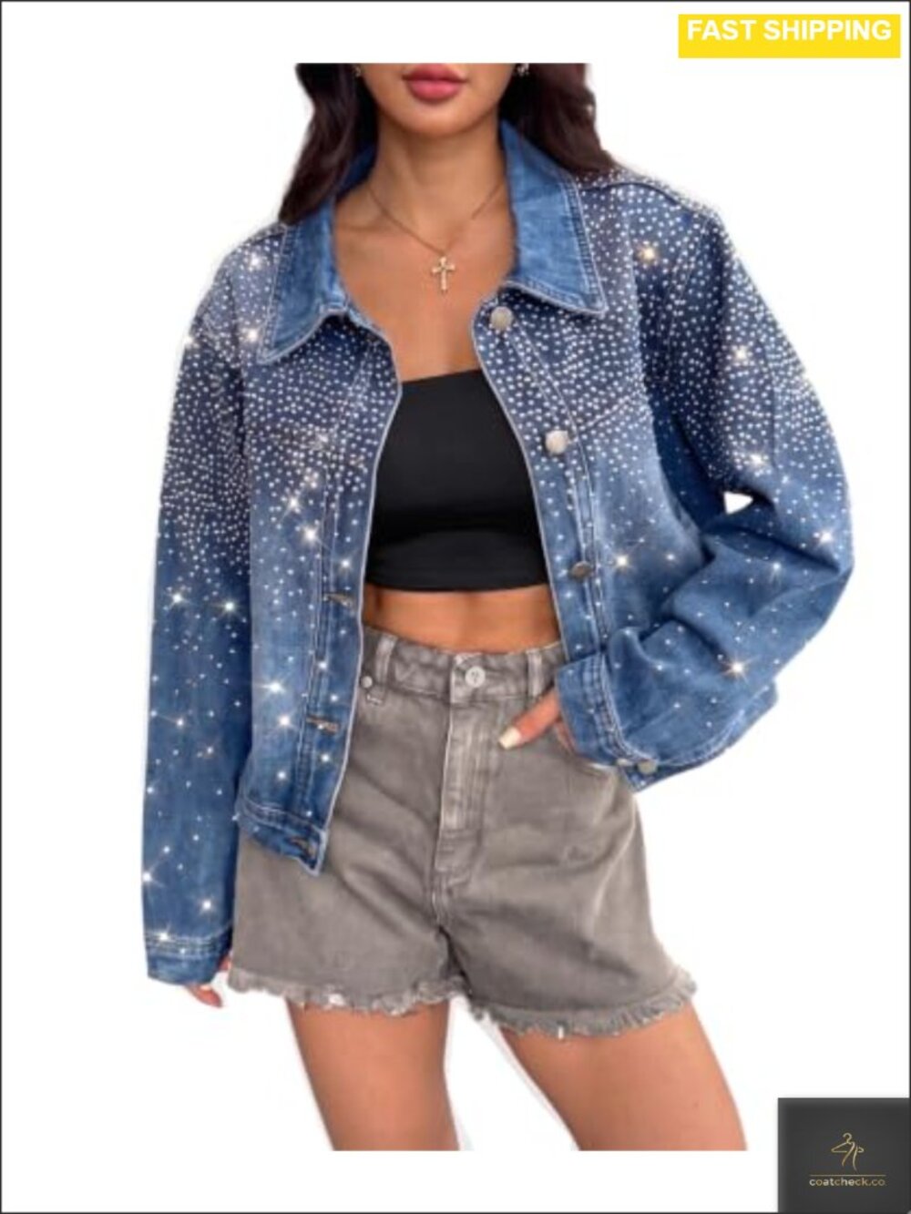 Rhinestone Crop Denim Jacket Button Down Boyfriend Jean Jacket Sparkle Glitter
